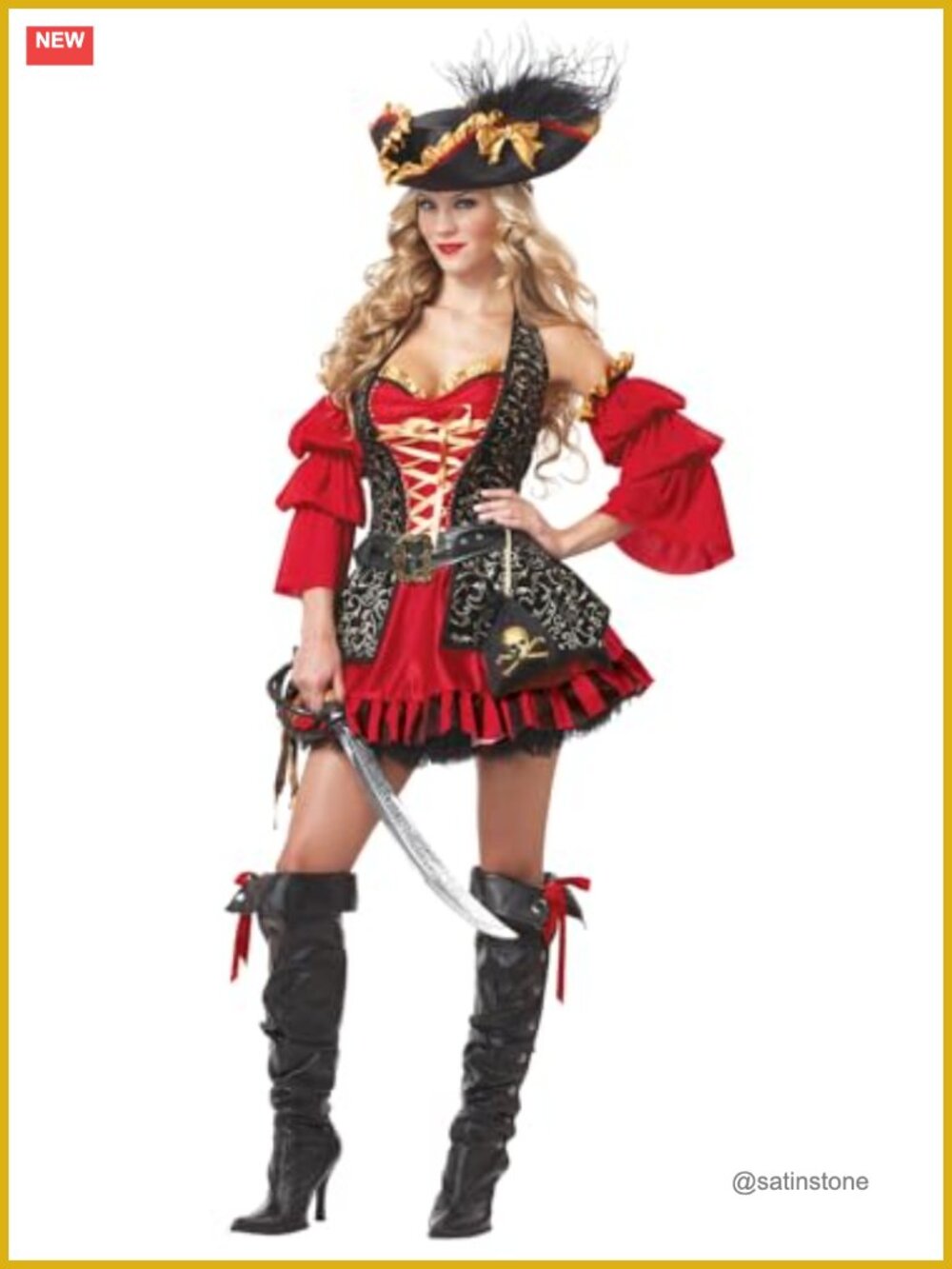 Eye Candy Spanish Pirate Costume Dress Hat Sleeves Belt Pouch Adult M